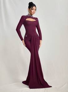SHEIN Belle Women Knitted Hollow Beaded Waist Ruched Evening Dress, Formal Occasion, Wedding Guest Dress For Music Festival Spring/Summer, Party Dress - Purple - View 4