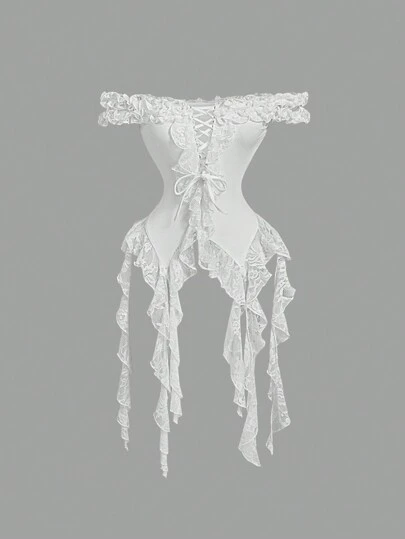 SHEIN MOD Women Solid Color Lace Ruffle Hem Blouse, White Ladies Top,Concert,Women Summer Tops,Concert Tops,Summer Tops,Concert Outfits