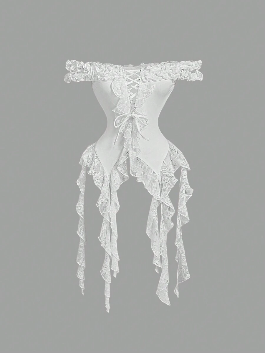 SHEIN MOD Women Solid Color Lace Ruffle Hem Blouse, White Ladies Top,Concert,Women Summer Tops,Concert Tops,Summer Tops,Concert Outfits - White - View 1