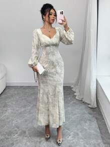 Modelyn Robe longue décontractée à manches longues et encolure en forme de cœur imprimée pour femmes - Bleu azur - Voir 3