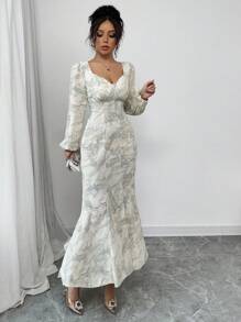 Modelyn Robe longue décontractée à manches longues et encolure en forme de cœur imprimée pour femmes - Bleu azur - Voir 6