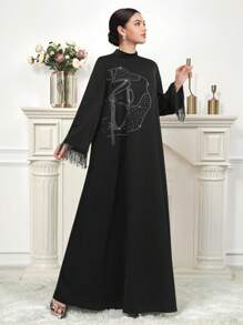 Al Najma 女士土耳其和阿拉伯传统长款连衣裙，端庄的卡夫坦 - 黑色 - 查看 6
