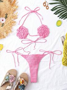 SHEIN Swim 钩针编织 3D 花朵比基尼套装（带粉色罩衫）女式夏季 - 粉色 - 查看 2