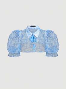 SHEIN MOD Women Floral Print 2 In 1 Tie-Up Organza Dress, Women's Blue And White Print, Organza, Two-Piece Suit, Jacket And Dress, Print Blue Dress (Without White Inside Petticoat), Retro Palace Style Puff Sleeve, Art Series,