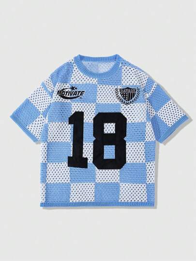 Prep Homme T-shirt à manches courtes en tricot avec broderie et pièce appliquée, style football