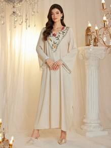 Al Najma Women's Elegant Floral Embroidered White Abaya, Arabic Islamic Dress For Women, Moroccan Caftan, Modest Kaftan