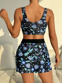 SHEIN Set de 3 atuendos de playa para mujer: Top con cordón estampado con plantas de diseño aleatorio, pantalones negros de corte alto con falda con estampado aleatorio y cordón, elegante conjunto de bikini - Multicolor - Ver 2