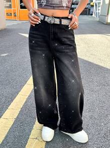 SHEIN Teens/Teen Girl Sparkly Rhinestone Embellished Loose Wide-Leg Blue Denim Pants