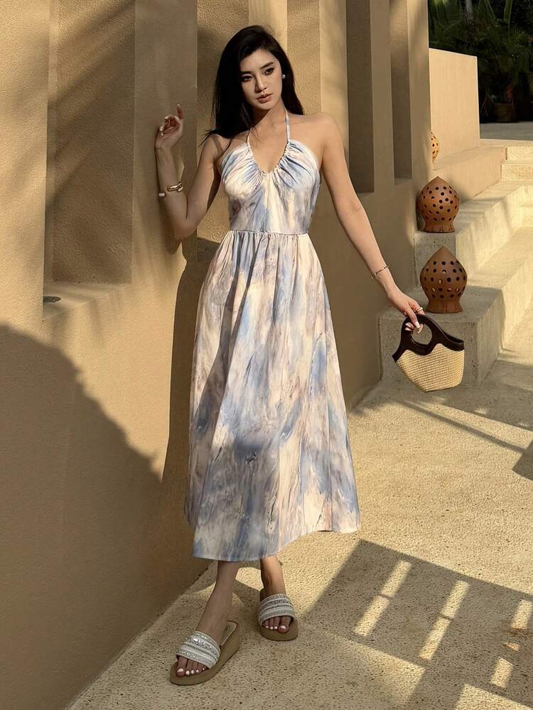 Tie-Dye Tie Dye Floral Print Long Spaghetti Strap Dress For Women Summer Cruise Women Outfits Sundress Vacation Outfits Women Boho
