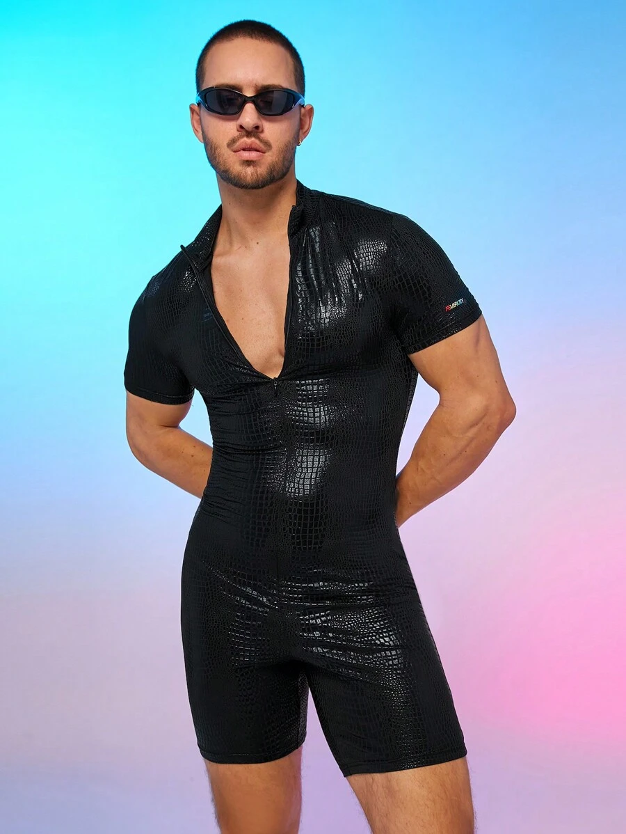 Men's Printed Snake Skin Tight One-Piece Shorts With Suspenders - Black - View 1