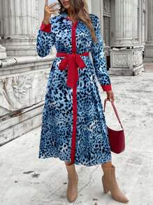 SHEIN LUNE 2024 秋冬新款豹纹拼色女式长款开襟连衣裙 - 藍色 - 查看 1