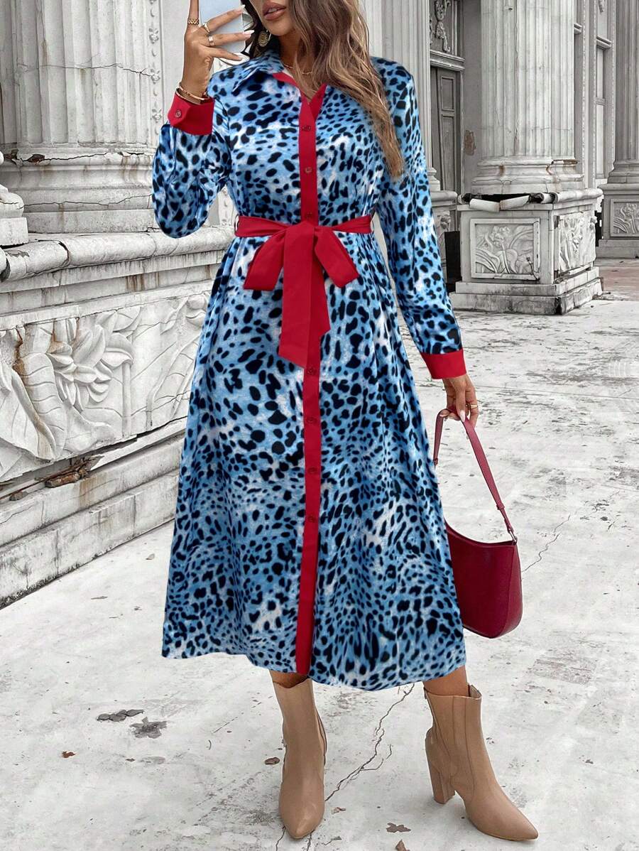 SHEIN LUNE 2024 秋冬新款豹纹拼色女式长款开襟连衣裙 - 藍色 - 查看 1