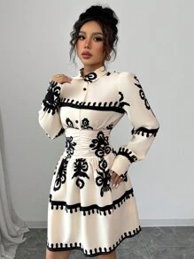 Elenzga Casual Long Sleeve Printed Waist Cinched Dress For Women Fall Cloth For Women - Apricot - View 6