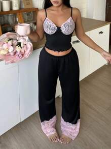 SHEIN Lace Trim Bow Decor Y2K Style Women Pajama Set Holiday Season - Black - View 1