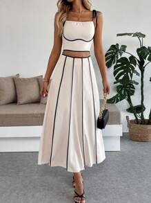 Calvaya Women's Elegant Color Block Camisole Top And A-Line Skirt