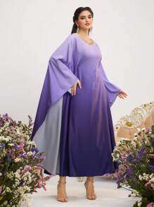 Al Najma Damen Langer Arabischer Freizeitkleid mit lila Farbverlauf und Juwelen-Rundhalsausschnitt, Langarm, Farbverlauf für Frühling und Valentinstag - Violett - Übersicht 8