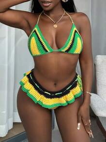 Swim SXY Nadar Verão Praia Férias Trajes Mardi Gras Mulher Biquíni Crochê Conjuntos - Multicolorido - Ver 4