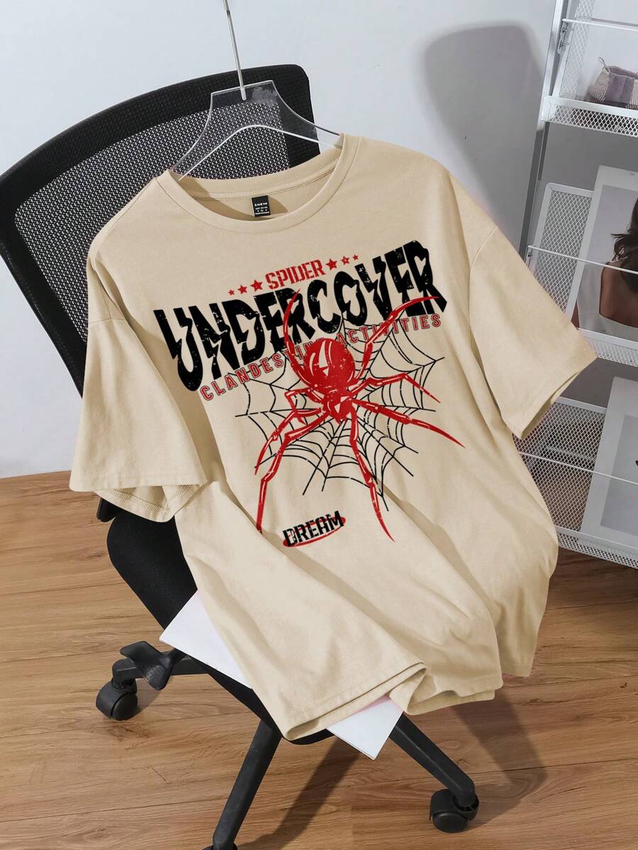 SHEIN EZwear 大码女式万圣节蜘蛛字母图案圆领短袖 T 恤，大码休闲套头 T 恤，夏季 - 杏色 - 查看 1