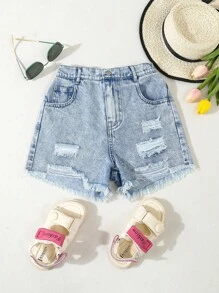 Tween Girls Y2K 风格破洞牛仔短裤，时尚街头时尚紧身修身浅洗蓝色休闲牛仔短裤，适合夏季日常穿着