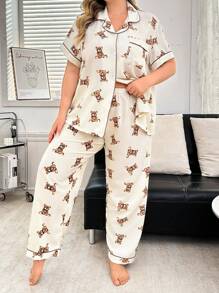 Set aus Top mit kurzen Ärmeln und Hose mit niedlichem Bären-Aufdruck - Aprikosenfarben - Übersicht 6