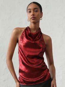 SHEIN Privé Áo cánh dự tiệc thanh lịch cho nữ, cổ tròn không tay thiết kế vai bất đối xứng, áo sơ mi thường ngày ánh kim - Đỏ - Xem 3