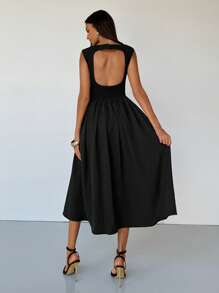 Aloruh Vestidos largos elegantes de mujer con cuello redondo, mangas cortas, espalda ajustada y mangas de campana - Vestidos elegantes de verano para mujer - Vestidos de vacaciones - Vestidos de mujer - Vestidos de verano de mujer - Vestidos negros de mujer - Vestidos de cumpleaños de mujer