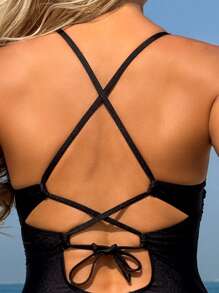 Swim Lushoire Women Black Solid Stretch Black Contrast Mesh Tankini Set, Suitable For Holiday And Travel, For Summer Beach Vacation - Black - View 5