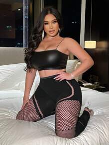 Flirla Plus Size Hollow Out Sexy Seamless High Waist Leggings, Casual Skinny Tights - Black - View 2