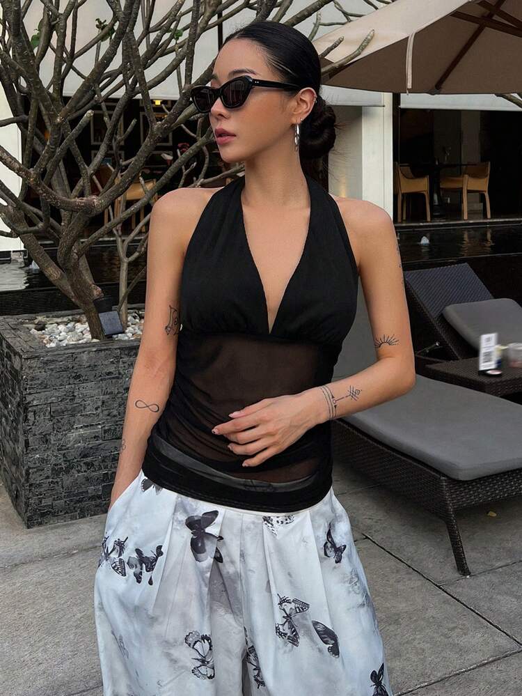Solid Color Sheer Mesh Halter Tank Top, Slim-Fit For Women, Summer Prom
