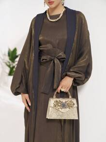 Al Najma 女士撞色金属灯笼袖阿拉伯长袍，端庄长袍 - 金色 - 查看 5