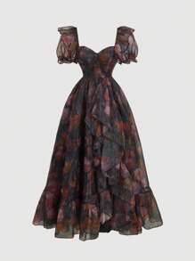 SHEIN MOD Women Organza Floral Print Layers Ruffled Maxi Dress,Valentine's Day,Boho Dress Women,Party Women Outfits,Summer Dress,Maxi Dress,Wedding Guest Dress Women,Birthday Dresses