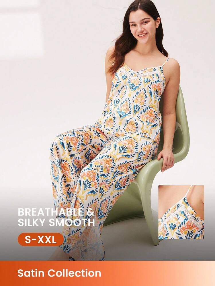 Seidig-seidiger Spitzenkantencamisole-Oberteil & Hose Loungewear Set mit luftigem Pyjama Hose mit Taschen als Lingerie als Außenkleidung Loungewear Set für Frauen