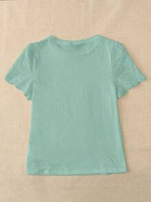 EMERY ROSE Solid Eyelet Embroidery Scallop Trim Tee - Mint Green - View 5