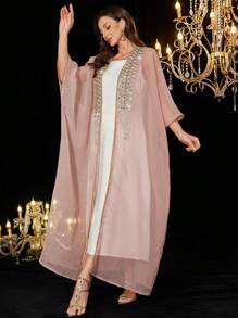 Al Najma Elegant Beaded Blouse Suit For Goddess, Fashion, Modest Kaftan - Pink - View 6