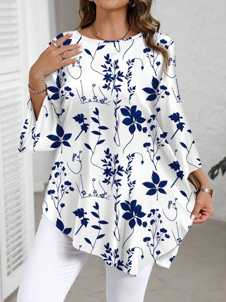 EMERY ROSE Plus Size Casual Minimalist All-Over Print Shirt, Spring/Autumn Spring Blouses For Women Blouses For Women Elegant Chic Blouses For Women,Flower/Summer/Vacation - Multicolor - View 1
