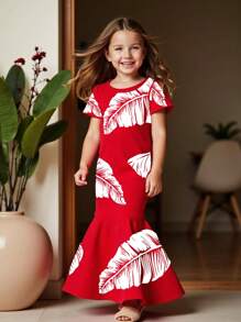 1pc Young Girl Fashionable, Chic, Cute, Elegant, Simple Casual Vacation Style Banana Leaf Print Fit And Flare Maxi Dress, Suitable For Vacation, Casual, Festivals And Parties, Pink Color Summer Holiday - Red - View 1