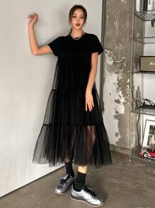 DAZY Vestido de mujer midi con cuello redondo, manga corta, parches de malla y volantes - Negro - Ver 3