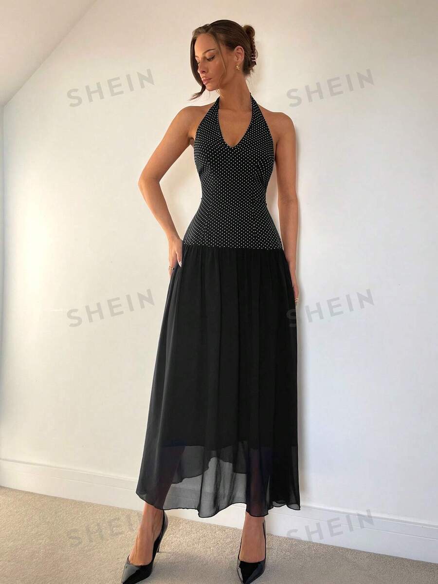 SHEIN Unity Elegantes Midikleid mit V-Ausschnitt und Schleife am Hals für Damen - Schwarz - Übersicht 1