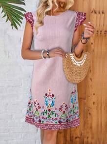 EMERY ROSE Women Casual Striped & Floral Printed Patchwork Short Mini Dress - Red - View 6