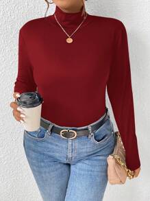 EMERY ROSE 2pcs/Set Plus Size Solid Color Casual Turtleneck T-Shirt, Suitable For Fall And Winter - Multicolor - View 6