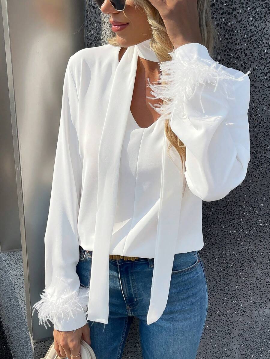 INAWLY Women Solid Color Fuzzy Patchwork Long Sleeve Casual Top Fall Cloth For Women - White - View 1