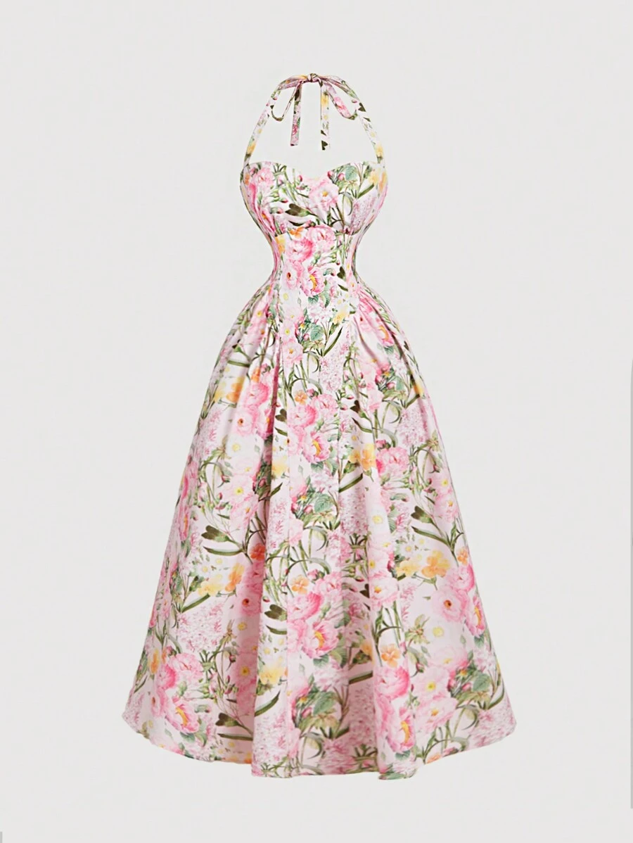 SHEIN MOD 女士浪漫花卉印花露背中长连衣裙、情人节、春季连衣裙、女士早午餐装、茶会装、海滩度假装、女士花裙、女士复古连衣裙 - 彩色 - 查看 1