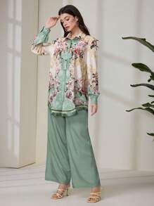 Mulvari 2 件套女士优雅花卉印花长袖上衣和裤子套装 - 彩色 - 查看 6