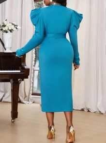 Fleurora 秋冬季优雅海军蓝针织圆领长袖紧身连衣裙大码连衣裙蓝色连衣裙 - 藍色 - 查看 2