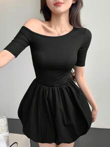DAZY Asymmetrical Shoulder Solid Color Ruched A-Line Mini Dress For Women,Casual Women Dresses