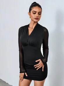 SHEIN Unity Women's Pleated Mesh See-Through Raglan Sleeve T-Shirt - Black - View 1