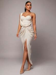 Silquee Romantic Valentine's Day & Date Night Apricot Linen Asymmetric Plunging Neckline Dress With High Slit, Adjustable Spaghetti Strap, Suitable For Parties, Weddings, Dances, Daily Wear, Vacation - Beige - View 3