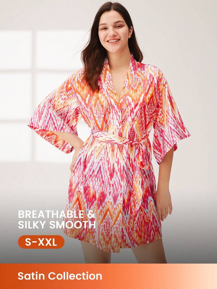 Robe de chambre en satin rose soyeux à motif, col en V, avec nœud devant. Robe d'intérieur aérée pour femmes, robe de nuit, peignoir de bain, lingerie et pyjama