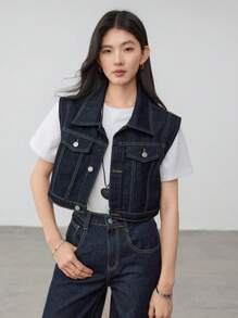 Dazy-Less Women Short Denim Vest Top - Dark Wash - View 4