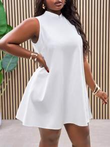 Slaydiva Plus Size White Summer Smart Casual Festa Party Dress,Sleeveless Stand Collar Backless Loose Mini Dress With Mesh Fabric,Elegant Graduation Gown - White - View 1
